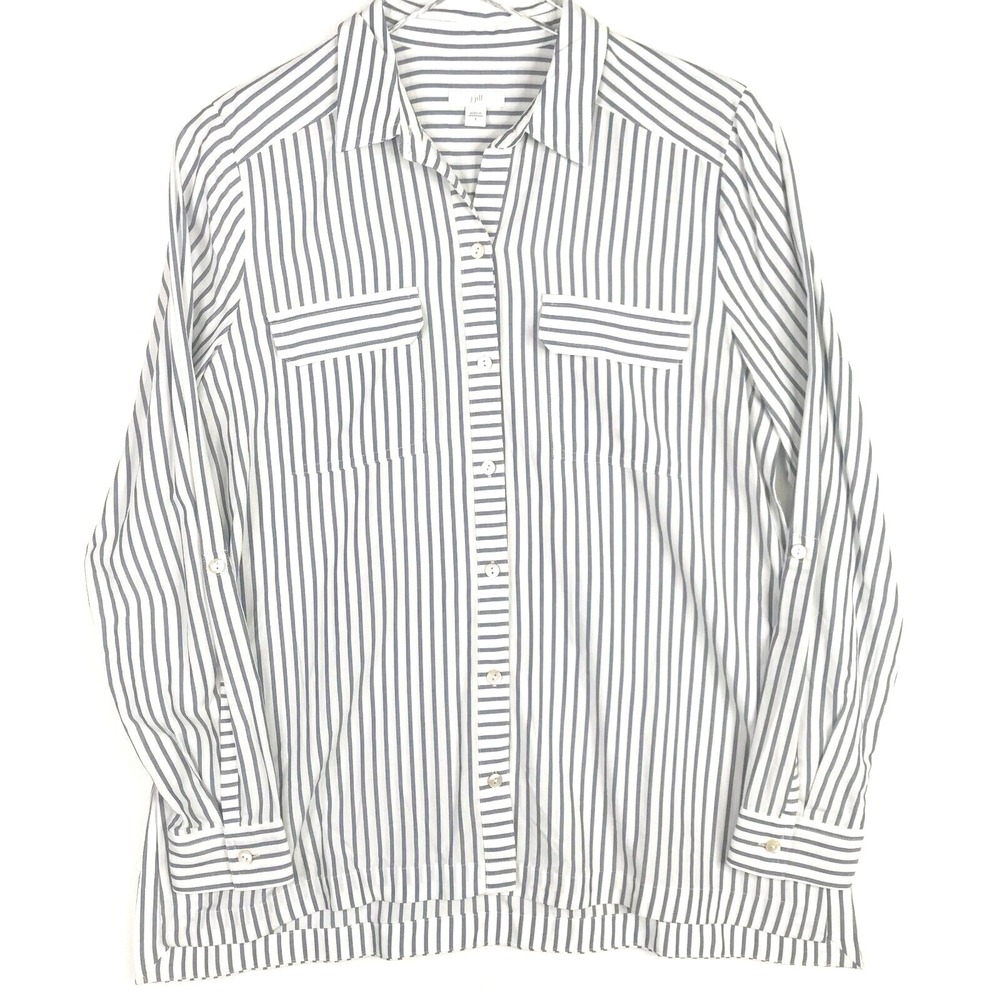 J Jill Top Women Small Blue Striped Button Up Lightweight Roll Tab Sleeve Preppy